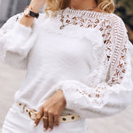 Crewneck Guipure Lace Long Sleeve Hollow Out Knit Sweaters Pullover Tops
