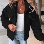 Textured Striped Turn-down Collar Button Front Elastic Cuff and Hem Teddy Fleece Jacket With Decorative Flap Pockets