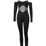 Glitter Cold Shoulder Adjustable Spaghetti Straps Lace Spliced Overalls Slim Fit Zipper Back Corset Jumpsuit
