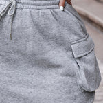 Overlap V Neck Drop Shoulder Cinched Waist Drawstring Hoodie Dress Casual Flap Cargo Pockets Design Drawstring Elastic Waist Midi Dress
