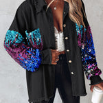 Colorblock Sequin Patchwork Long Sleeve Jacket Top Button Front Raw Hem Shacket