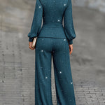 Women's 2 Piece Glitter Set Deep V Neck Lantern Sleeve Ruched Top and Wide Leg Pants with Pockets