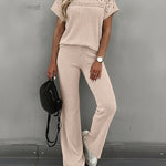 Women's 2 Piece Knit Set Lace Patchwork Short Sleeve Top and Wide Leg Pants Casual Ribbed Brushed Lounge Set