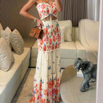 Floral & Butterfly Print Frill Trim Bandeau Tied Detail Ruched Mermaid Hem Dress Elegant Cutout Front Shirred Ruffle Hem Vacation Dress