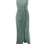 Sleeveless Ruched Cinched Waist Draped Bandeau Dress Eyelet Embroidery Slit Asymmetrical Hem Vacation Dress