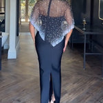 2 Pieces Outfit Detachable & Adjustable Spaghetti Straps Zipper Back Slit Slim Fit Maxi Dress and Rhinestone & Pearls Decor High Neck Zipper Back Sheer Mesh Poncho Cape
