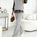 Vintage Plaid Print Spliced Turn-down Collar Long Sleeve Faux Two-Piece Top and Elastic Waist Pants Set Casual Ribbed Brushed Commuting Set