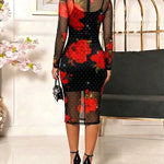 Women's Floral Print Rhinestone Mesh Dress Sexy Long Sleeve Sheer Midi Dress with Adjustable Cami Slip Dress Set