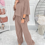 Women's 2 Piece Ribbed Knit Set Asymmetrical Zipper Turtleneck Batwing Sleeve Top and Pants Casual Loungewear