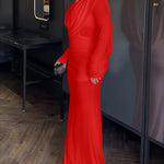 Cowl Neck Ruched Zipper Back Slim Fit Maxi Dress Casual Padded Shoulders Backless Evening Dress