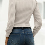 Button Decor Asymmetrical V-Neck Long Sleeve Ribbed Tee Casual Knit Brushed Top