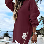 Letter Patch Detail Long Sleeve Drop Shoulder Pullover Sweatshirt Casual Zipper Side Slit Top