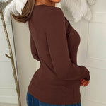 Women's Rib Knit Long Sleeve Top Gold Buckle Cut Out Tee Twisted Front Hollow Out Slim Fit Top