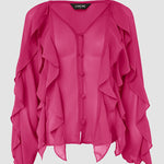 V Neck Shoulder Ruffles Design Blouse Casual Button Front Long Sleeve Top