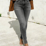 Rhinestone Decor High Waist Zipper Fly Skinny Jeans Washed Denim Pants without Belt
