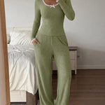 Women's 2 Piece Ribbed Lounge Sets Lace Trim Long Sleeve Top and High Waisted Pants Pajamas Sets with Pockets