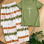 Women's Two Piece Pajama Set Faith Letter Print Short Sleeve Top and Tie Dye Straight Leg Pants Casual Lounge Set