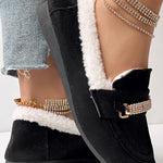 Rhinestone Chain Decor Thermal Lined Faux Shearling Trim Casual Flat Slip-On Loafers without Anklet Bracelet