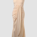 Sleeveless Ruched Cinched Waist Draped Bandeau Dress Eyelet Embroidery Slit Asymmetrical Hem Vacation Dress
