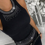 Rhinestone Decor O-neck Sleeveless Slim Fit Ribbed Tank Top
