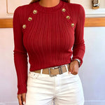 Women's Gold Button Crew Neck Textured Knit Long Sleeve Top