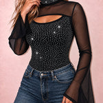Women's Rhinestone Sheer Mesh Patchwork Cutout Mock Neck Long Sleeve Top