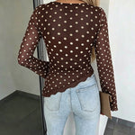 Women's Polka Dot Mesh Top Flare Long Sleeve Boat Neck Lined Asymmetric Frill Hem Blouse Vintage Party Shirt