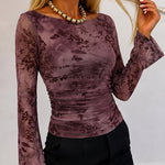 Women's Vintage Flocked Floral Boat Neck Ruched Mesh Top Long Flare Sleeve Crop Pullover