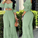 Sweetheart Neck Puff Sleeve Drawstring Front Shirred Overalls Casual Cutout Front Ruffle Hem Wide Leg Jumpsuit