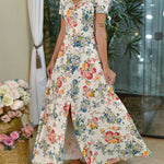Floral Print V Neck Puff Sleeve Maxi Dress A-Line Flowy Casual Dress With Pockets