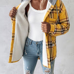 Women's Plaid Drawstring Hoodie Coat Casual Fleece Lined Jacket