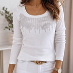 Women's Square Neck Long Sleeve Top Rhinestone Ribbed Knit Shirt Slim Fit Casual Sparkly Tee