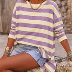 Women's Striped T Shirt Long Sleeve Drop Shoulder Crewneck Tee Side Slit Casual Loose Fit Top