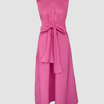 Turn-down Collar Sleeveless Button Front Shirt Dress Casual Open Back Tied Detail Commuting Dress