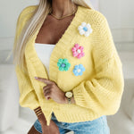 Women's 3D Floral Knit Cardigan Long Sleeve Crochet Sweater Casual Crop Coat