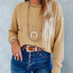 Women's Ribbed Knit Long Sleeve Top Casual Seam Crewneck Pullover
