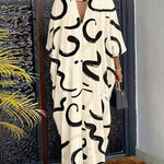 Women's Abstract Print Caftan Dress Loose V Neck Batwing Sleeve Maxi Dress Hollow Out Long Robe with Pockets