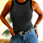 Rhinestone Decor O-neck Sleeveless Knit Tee Slim Fit Tank Top