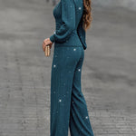 Women's 2 Piece Glitter Set Deep V Neck Lantern Sleeve Ruched Top and Wide Leg Pants with Pockets