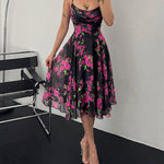Women's Floral Print Cowl Neck Cami Dress High Waisted Sheer Mesh Overlay A-Line Dress Elegant Backless Flowy Party Dress