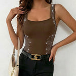 Rhinestone Decor Square Neck Thick Strap Backless Slim Fit Tank Top