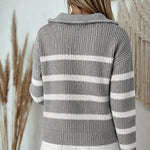 Women's Half Zip Striped Sweater Colorblock Turn-down Collar Knit Pullover Drop Shoulder Loose Fit Top