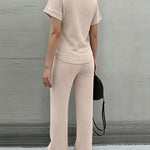 Women's 2 Piece Knit Set Lace Patchwork Short Sleeve Top and Wide Leg Pants Casual Ribbed Brushed Lounge Set