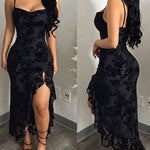 Women's Vintage Flocking Floral Maxi Dress Sexy Cowl Neck Cami Dress High Slit Backless Bodycon Evening Gown