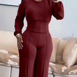 2 Pieces Outfit O-neck Long Sleeve Cinched Waist Sweatshirt and Elastic Waist Wide Leg Pants Set Casual Seam Design Sweatpants Set