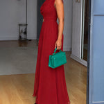 Women's Cowl Neck Wide Leg Jumpsuit High Waist Sleeveless Chiffon Overlay Spliced Evening Overalls with Belt