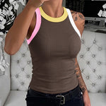 Women's Contrast Trim Ribbed Tank Top Slim Fit Sleeveless Round Neck Basic Camisole for Streetwear & Layering