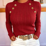 Women's Gold Button Crew Neck Textured Knit Long Sleeve Top