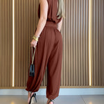 Padded Shoulders Sleeveless Cinched Waist Side High Slit Overalls Casual Hollow-out Back Ruched Jumpsuit