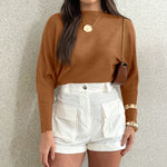 Women's Batwing Sleeve Knit Sweater Ribbed Boat Neck Crop Pullover Slouchy Top